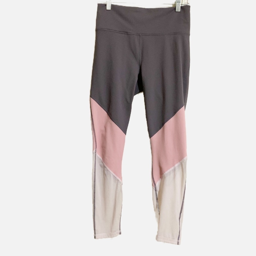 Fabletics Powerhold High Waisted Mesh Block Striped Gray Pink Leggings.